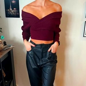 Burgundy off the shoulder Fashion Nova crop sweater
